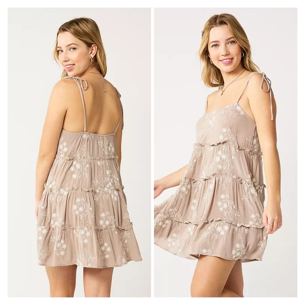 NWT Speechless Juniors' Large Tiered Shift Dress Mini Brown Embroidered